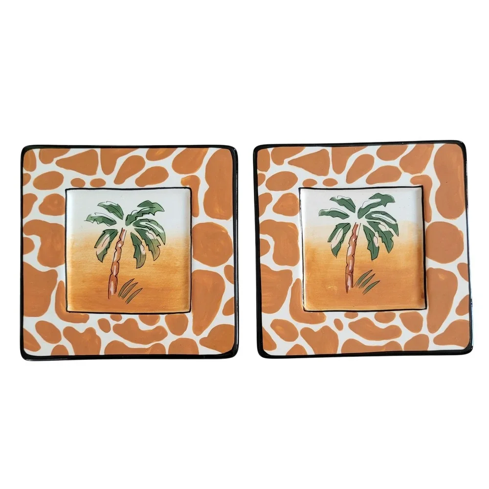 NEW Inspirado Appetizer Plate Palm Tree Giraffe Print Stonelite Set Animal Print